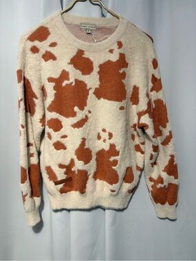 NWOT Simply Southern Cream and Rust Cow-Print Fuzzy Crewneck Sweater